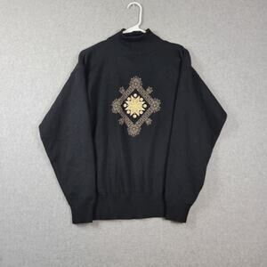 Vtg Sun Valley 100% Virgin Wool Black Embroidered LS Knit Sweater Women's Large